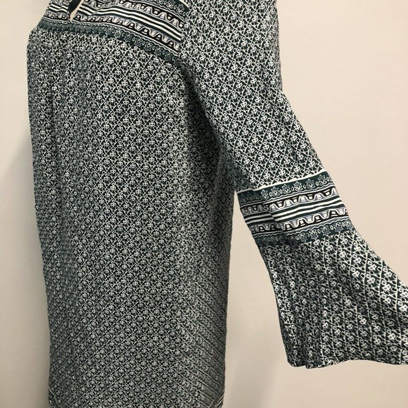 Madewell Dress Green White 100% Silk Boho Bell Sleeve with Pockets - Picture 4 of 7